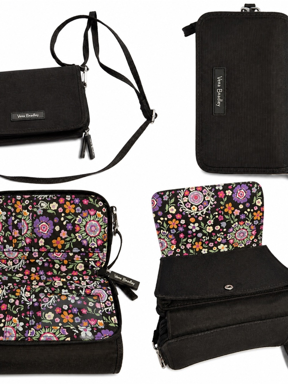 Vera Bradley Black All-in-One Crossbody Wallet Floral Interior